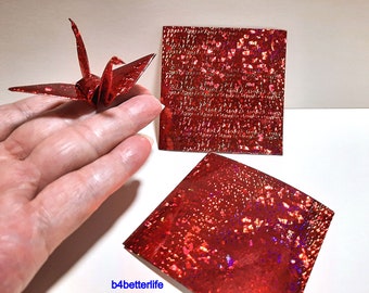 200 Sheets 3" x 3" Red Color DIY Chiyogami Yuzen Paper Folding Kit for Origami Cranes "Tsuru". (4D Glittering paper series). #CRK-34.