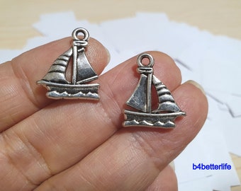 Lot of 30pcs Antique Silver Tone "Sailboat" Double Sided Metal Charms. #BC3286s.