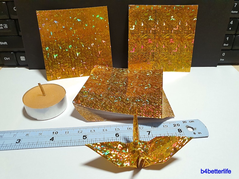 200 Sheets 3 x 3 Gold Color DIY Chiyogami Yuzen Paper Folding Kit for Origami Cranes Tsuru. 4D Glittering paper series. CRK-37. image 3