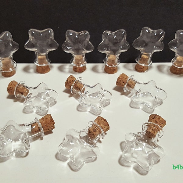 12pcs Star Shaped Mini Clear Glass Bottles Vials with corks. #J5.