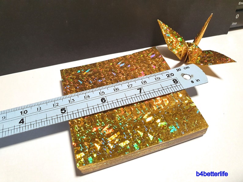 200 Sheets 3 x 3 Gold Color DIY Chiyogami Yuzen Paper Folding Kit for Origami Cranes Tsuru. 4D Glittering paper series. CRK-37. image 5