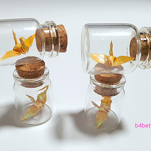 Lot of 20pcs Goldenrod Color 1-inch Hand-folded Paper Crane In A Mini Glass Bottle With Cork. (AV paper series). #CIB20s8.