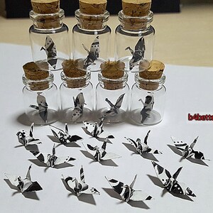 Lot of 20pcs 1-inch Hand-folded Black & White Paper Crane In A Mini Glass Bottle With Cork. WR paper series. CIB20g. image 6