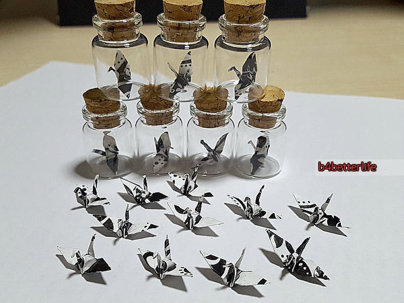 Lot of 20pcs 1-inch Hand-folded Black & White Paper Crane In A Mini Glass Bottle With Cork. WR paper series. CIB20g. image 6