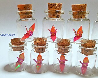 Lot of 20pcs RED Color 1-inch Hand-folded Paper Crane In A Mini Glass Bottle With Cork. (AV paper series). #CIB20s7.