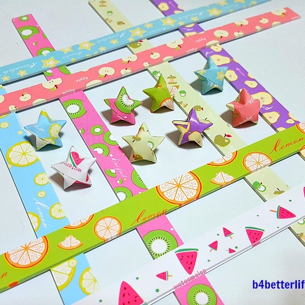 Pak met 440 stroken fruitthema DIY-origami Lucky Stars-papiervouwset. 26 x 1,2 cm. (XT-papierserie). #HLX04.