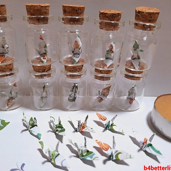 Lot of 20pcs Floral Design 1-inch Hand-folded Paper Crane In A Mini Glass Bottle With Cork. (JD paper series). #CIB20d.
