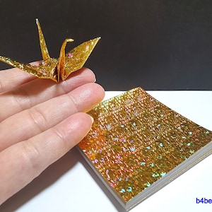 Kit di piegatura carta Chiyogami Yuzen fai da te da 200 fogli 7,6 x 7,6 cm color oro per gru origami "Tsuru". (Serie di carta scintillante 4D). #CRK-37.