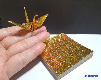 200 Sheets 3" x 3" Gold Color DIY Chiyogami Yuzen Paper Folding Kit for Origami Cranes "Tsuru". (4D Glittering paper series). #CRK-37.