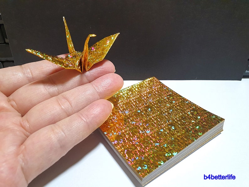 200 Sheets 3 x 3 Gold Color DIY Chiyogami Yuzen Paper Folding Kit for Origami Cranes Tsuru. 4D Glittering paper series. CRK-37. image 1