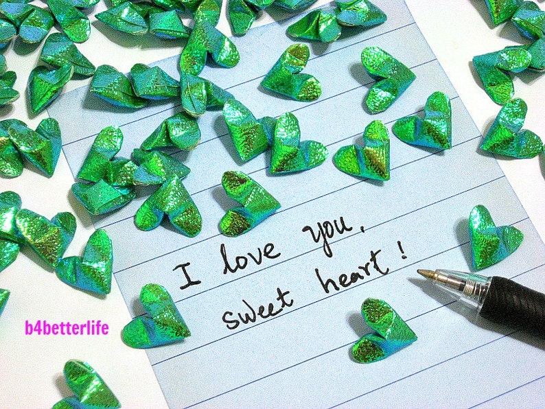 180pcs Green Color Mini Size 3D Origami Hearts LOVE. TX paper series. FOH-136. image 3