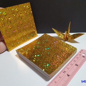 200 Sheets 3 x 3 Gold Color DIY Chiyogami Yuzen Paper Folding Kit for Origami Cranes Tsuru. 4D Glittering paper series. CRK-37. image 6