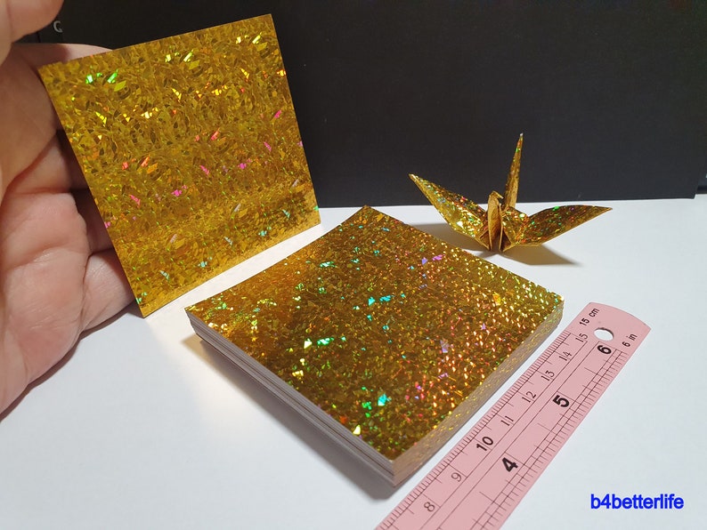 200 Sheets 3 x 3 Gold Color DIY Chiyogami Yuzen Paper Folding Kit for Origami Cranes Tsuru. 4D Glittering paper series. CRK-37. image 6