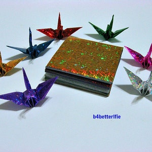 224 Sheets 3 x 3 Assorted Color DIY Chiyogami Yuzen Paper Folding Kit for Origami Cranes Tsuru. 4D Glittering paper series. CRK-32. image 5