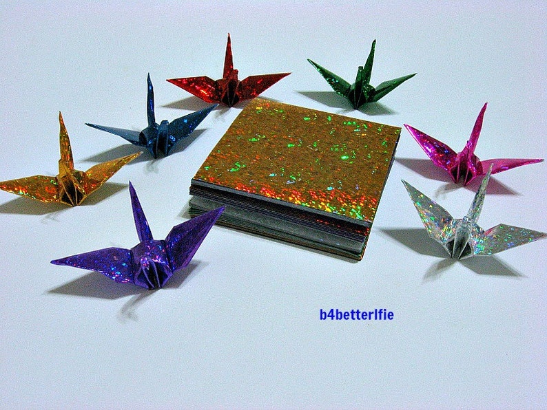 224 Sheets 3 x 3 Assorted Color DIY Chiyogami Yuzen Paper Folding Kit for Origami Cranes Tsuru. 4D Glittering paper series. CRK-32. image 5