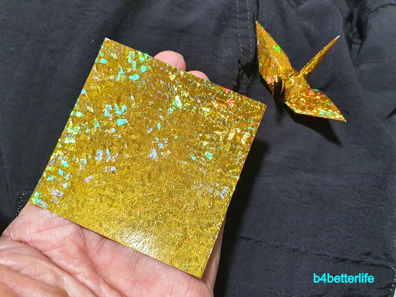 200 Sheets 3 x 3 Gold Color DIY Chiyogami Yuzen Paper Folding Kit for Origami Cranes Tsuru. 4D Glittering paper series. CRK-37. image 8