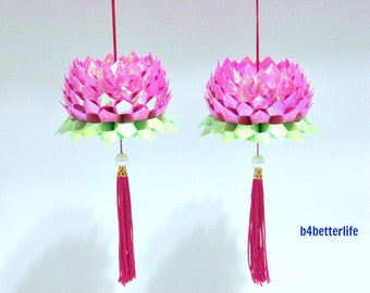 A Pair Of Violet Red Color Medium Size Origami Hanging Lotus. (AV paper series). #FLT-79.