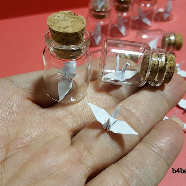 Lot of 20pcs White Color 1-inch Hand-folded Paper Crane In Mini Glass Bottle With Cork. (KR paper series). #CIB20b4.