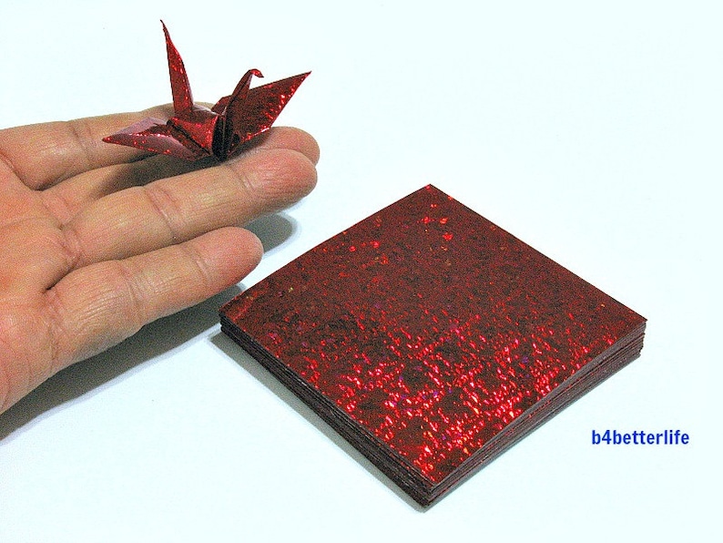 100 Sheets 3 x 3 Red Color DIY Chiyogami Yuzen Paper Folding Kit for Origami Cranes Tsuru. 4D Glittering paper series #CRK-34.