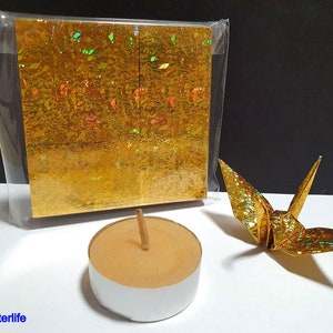 200 Sheets 3 x 3 Gold Color DIY Chiyogami Yuzen Paper Folding Kit for Origami Cranes Tsuru. 4D Glittering paper series. CRK-37. image 9