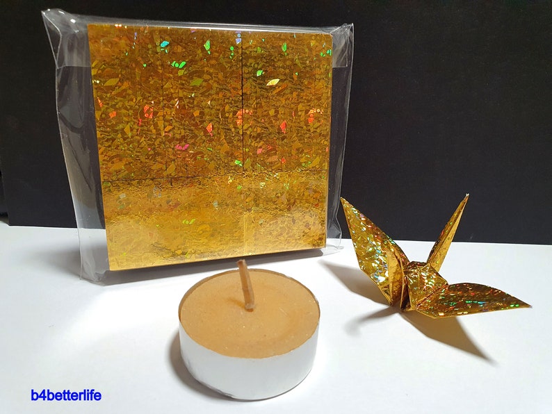 200 Sheets 3 x 3 Gold Color DIY Chiyogami Yuzen Paper Folding Kit for Origami Cranes Tsuru. 4D Glittering paper series. CRK-37. image 9