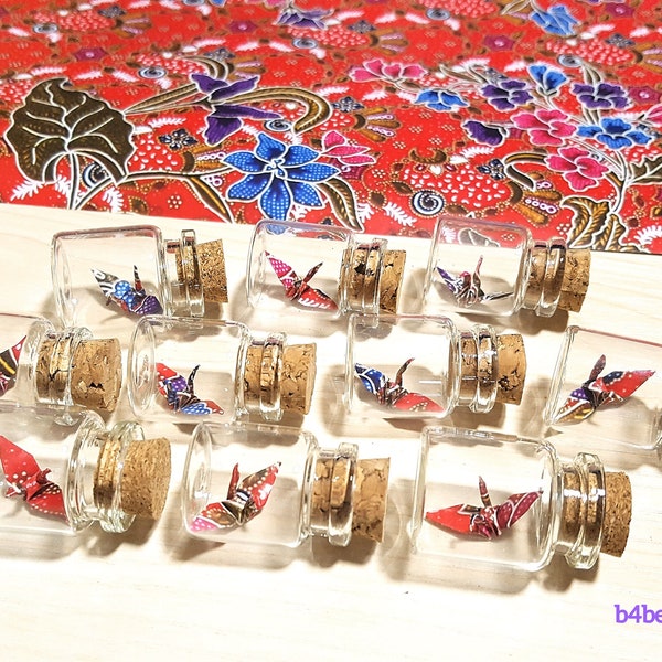 Lot Of 20pcs Batik Design 1-inch Hand-folded Paper Crane In Mini Glass Bottle With Cork. (WR paper series). #CIB20k.