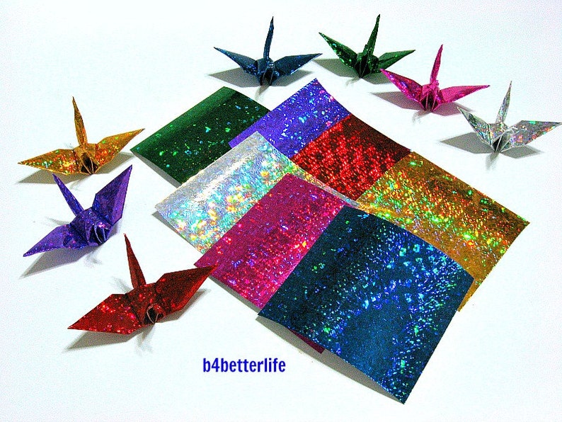 224 Sheets 3 x 3 Assorted Color DIY Chiyogami Yuzen Paper Folding Kit for Origami Cranes Tsuru. 4D Glittering paper series. CRK-32. image 1