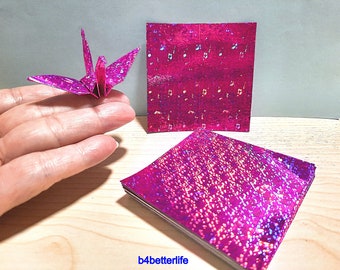 200 Sheets 3" x 3" Pink Color DIY Chiyogami Yuzen Paper Folding Kit for Origami Cranes "Tsuru". (4D Glittering paper series). #CRK-35.