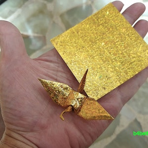200 Sheets 3 x 3 Gold Color DIY Chiyogami Yuzen Paper Folding Kit for Origami Cranes Tsuru. 4D Glittering paper series. CRK-37. image 7