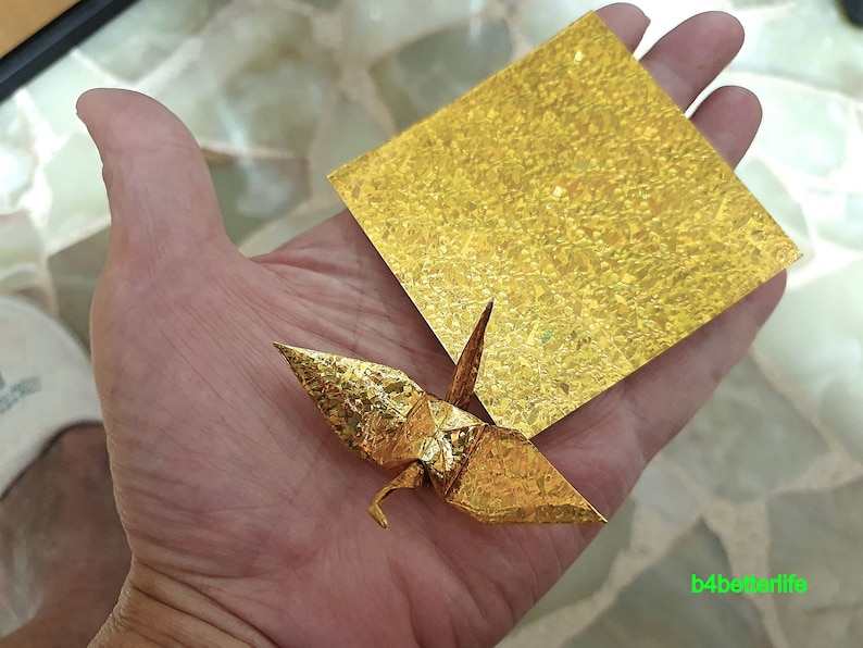 200 Sheets 3 x 3 Gold Color DIY Chiyogami Yuzen Paper Folding Kit for Origami Cranes Tsuru. 4D Glittering paper series. CRK-37. image 7