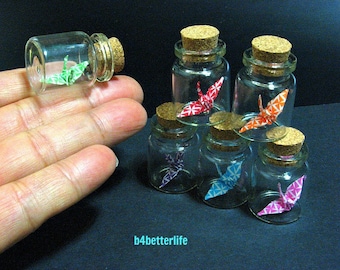 Lot of 20pcs 1-inch Hand-folded Paper Crane In Clear Glass Mini Bottle With Cork. (MD paper series). #CIB20v1.