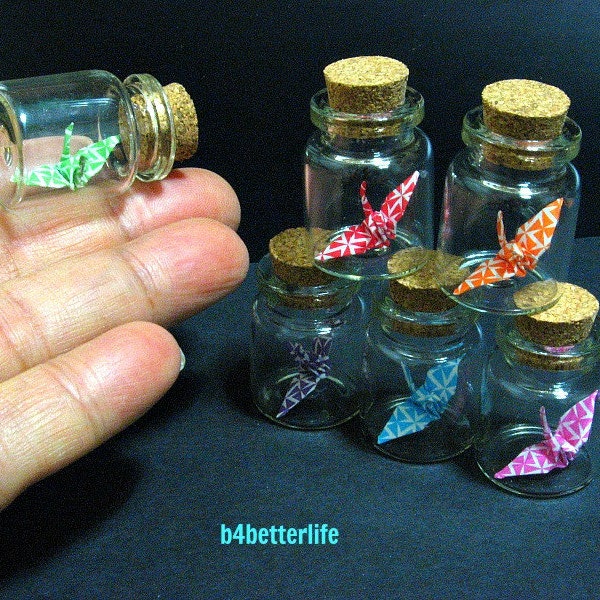 Lot of 20pcs 1-inch Hand-folded Paper Crane In Clear Glass Mini Bottle With Cork. (MD paper series). #CIB20v1.