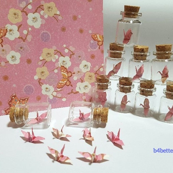 Lot of 20pcs 1-inch Floral Design Hand-folded Paper Crane In Mini Glass Bottle With Cork. (JD paper series). #CIB20j.