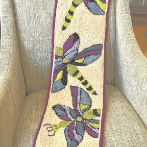 Hand hooked wool table runner, Dragonflies Flight, nature lover