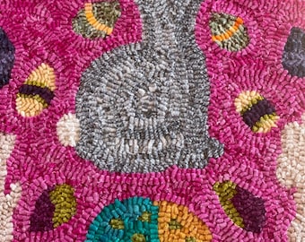 Hand hooked artisan made wool rug, Bunnies and Eggs, 28 x 15, rug for spring or nursery with soft wool yarn binding