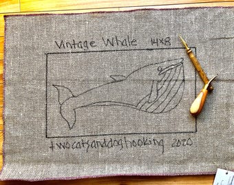 Rug hooking pattern - Antique Whale - 14 x 8 inch on linen