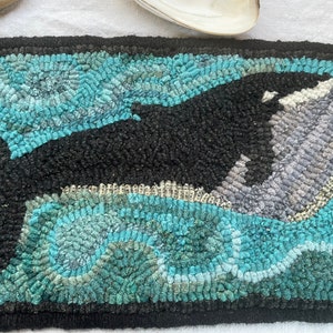 Small wool hand hooked rug, Antique Whale, 14.5 x 9 inches