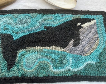 Small wool hand hooked rug, Antique Whale, 14.5 x 9 inches