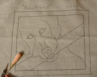 Rug hooking pattern on linen, " Best Friend ", dog lover, pillow, mat, DIY gift