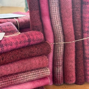 Hand dyed wool fabric collection, Berry, 6 fat sixteenths, primitive rug hooking, 100 percent wool