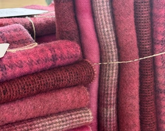 Hand dyed wool fabric collection, Berry, 6 fat sixteenths, primitive rug hooking, 100 percent wool