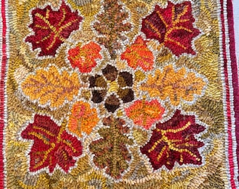 Hand Hooked Wool Rug: Fall Leaves & Acorns, Primitive Style -18 x 18 inches