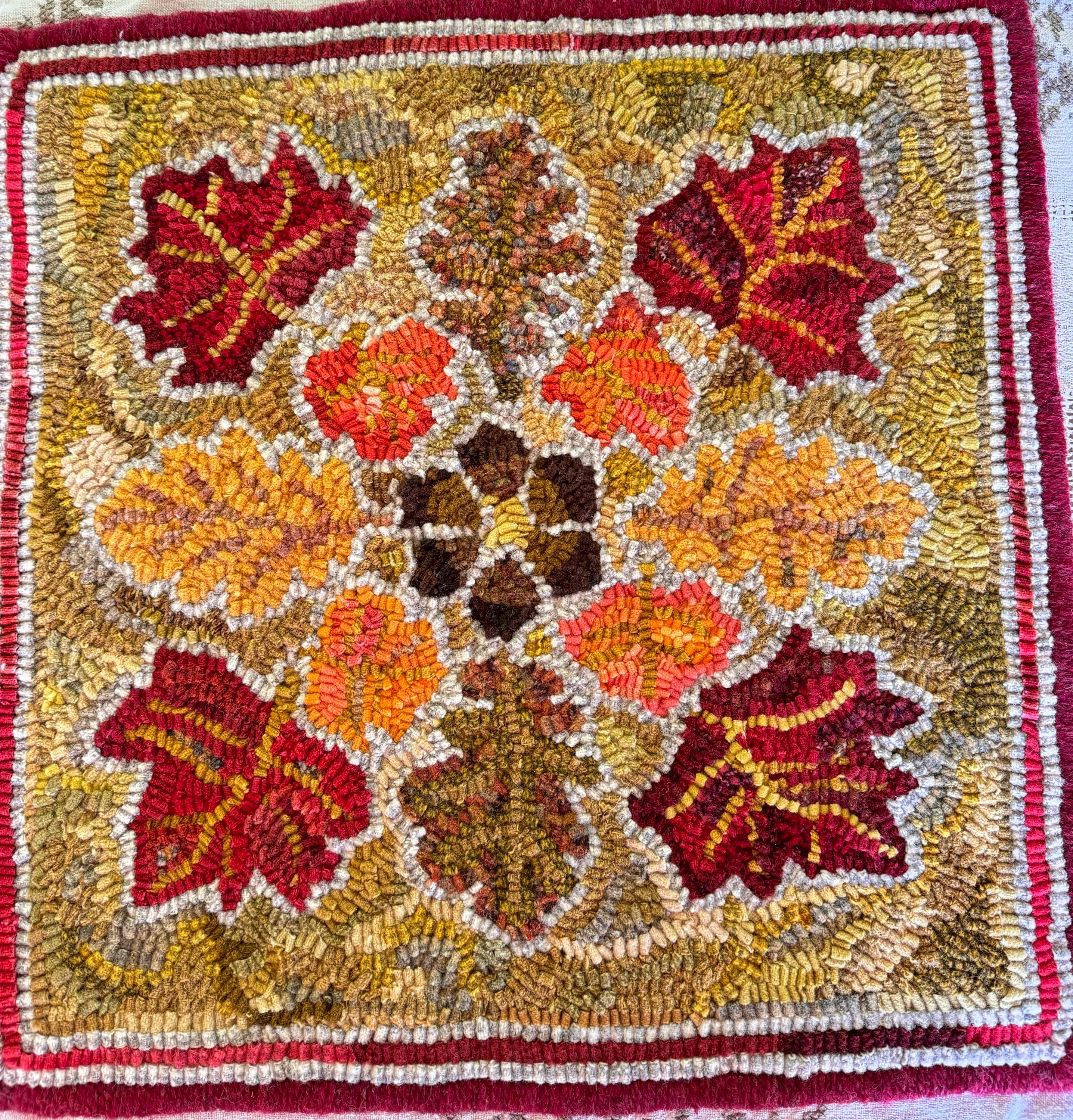 Hand Hooked Wool Rug: Fall Leaves & Acorns, Primitive Style -18 X 18 ...