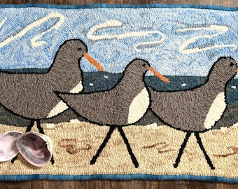 Hand hooked wool rug, Shore Birds, hand dyed wool, 32 x 19 inches