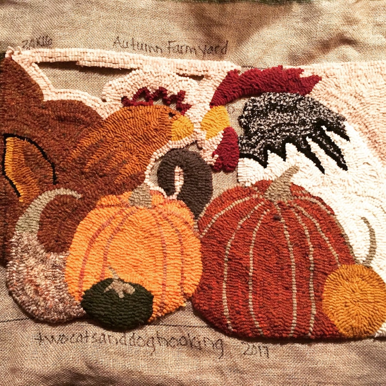 Hooked rug pattern Autumn Farmyard on primitive linen 30 x 16 image 1