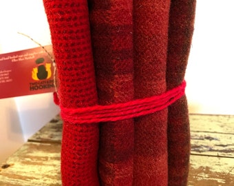 Rug hooking red wool collection, mill dyed wool, 4 fat quarters