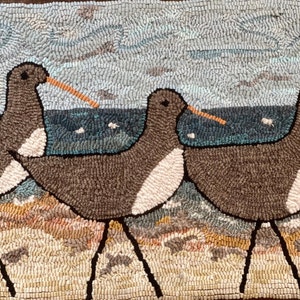 Hooked rug pattern on linen, Shore Birds, 32 x 18 inches