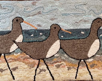 Hooked rug pattern on linen, Shore Birds, 32 x 18 inches