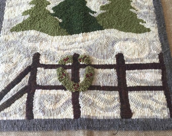 Hooked Rug Pattern on linen, simple snow scene, 18 x 14 inches