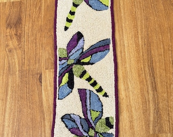 Hand hooked wool table runner, Dragonflies Flight